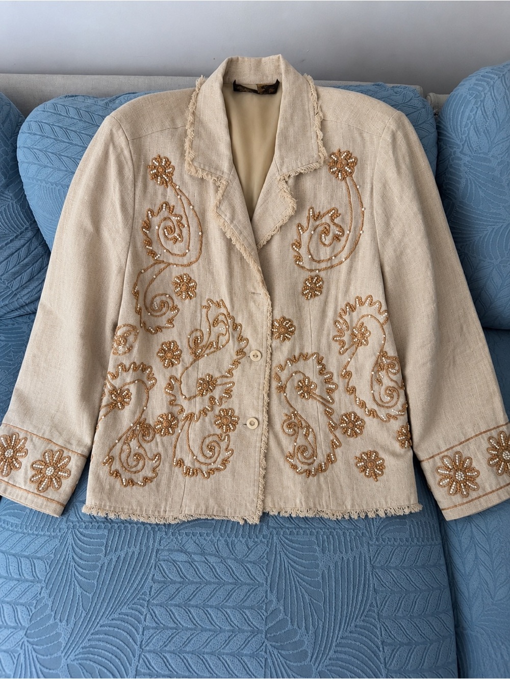 Vintage Allure 100% Linen Embroidered Beaded Blazer Jacket 2X Boho